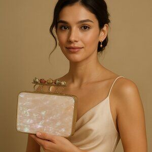 Vintage-Inspired Mother of Pearl & Gemstone Knuckle Clutch – Evening Bag with Ch